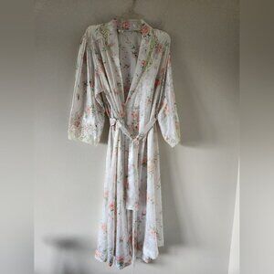 NATORI | Satin Robe Floral Lace White Pink Sz LARGE